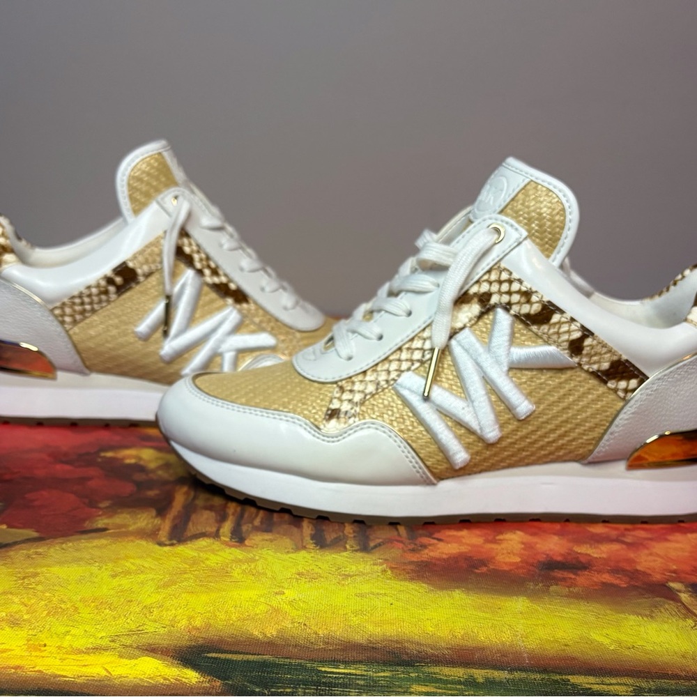 Michael Kors Monogram Sneakers Beige Snake Print with Gold Accent